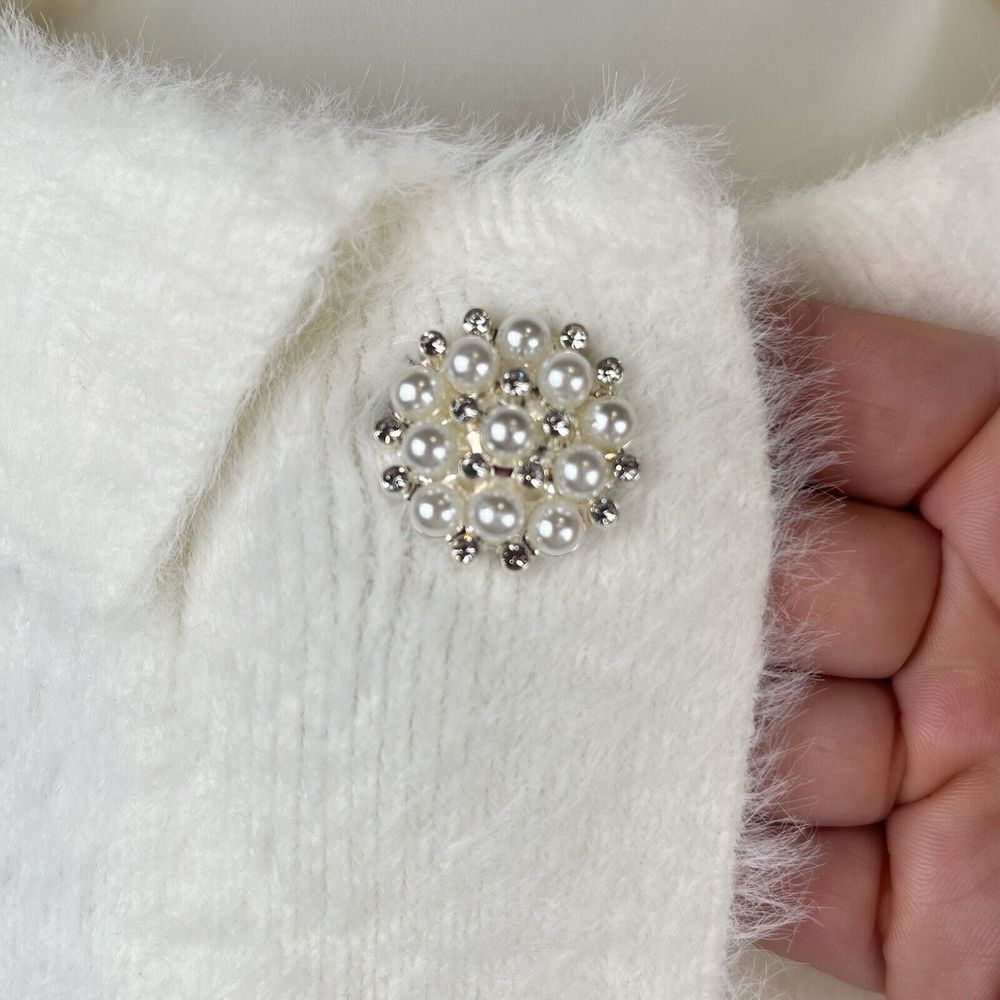 H&M Fuzzy Pearl Short Sleeve Collar Oversized Christmas Sweater Women's Size M - Picture 4 of 16